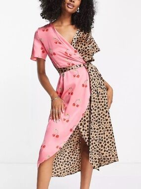 New!! Never Fully Dressed Midi Wrap Dress in Cherry and Leopard M